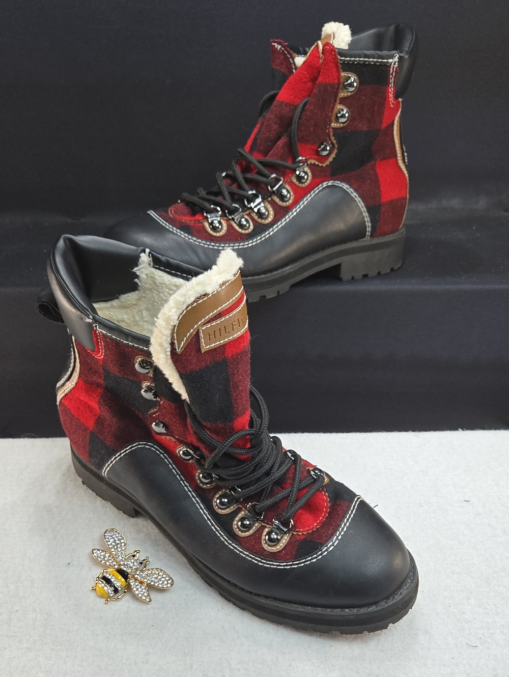 Tommy Hilfiger "Tonny" Buffalo Plaid Hiking Boot with Faux Fur Lining.